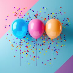 Birthday cad mockup, Brightly colored balloons and a shower of confetti create a joyful scene against a playful split-colored pink and blue background.