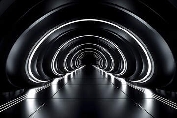 Futuristic Underground Tunnel Corridor with Concrete,Metal Structures,and Bright White Lights in a 3D Rendering