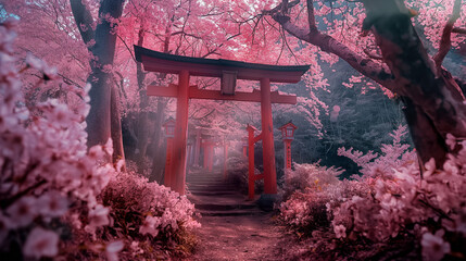 Torii gates stand among pink blossomed trees creating a mystical and serene environment, ideal for contemplative or spiritual themes - obrazy, fototapety, plakaty
