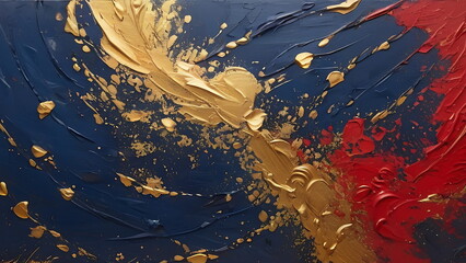 Red Navy Gold Palette Knife Technique, Abstract Oil Painting