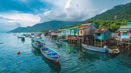 Obraz premium A traditional wooden fishing village nestled along a picturesque coastline, with colorful boats lining the shore.