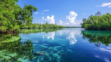 A tranquil lagoon fringed by mangrove forests, with clear blue waters reflecting the lush greenery and blue skies above.