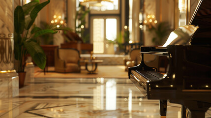 Polished brass fixtures shimmer, reflecting the piano's timeless serenade.