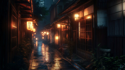 An enigmatic Japanese alley at night, illuminated by soft lantern light, creating a magical and historical atmosphere in the scene