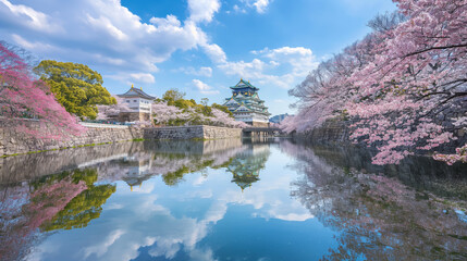 Fototapeta na wymiar Majestic Osaka Castle during cherry blossom season, with pink flowers reflecting in the water, a symbol of Japanese tradition and beauty