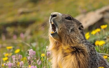 Prairie Dog Vocalizing in a Flowery Meadow