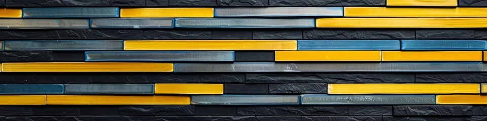 A black background with yellow, white and blue horizontal stripes of different sizes. A simple...