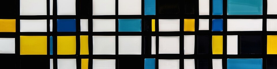A black background with yellow, white and blue horizontal stripes of different sizes. A simple pattern of rectangular tiles in the style of art deco.