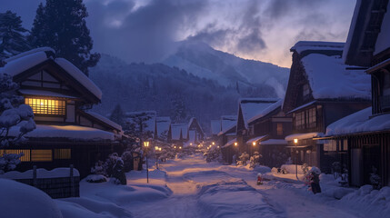 Snow blankets the street of a picturesque mountain village bathed in the warm glow of dusk