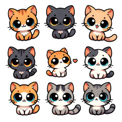 Array of Nine Adorable Cartoon Kittens with Expressive Eyes