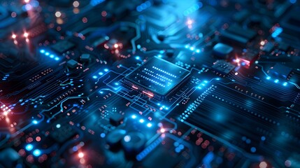 Obraz premium Intricate Blue Digital Circuitry and Technological Patterns Illuminating a Futuristic Backdrop