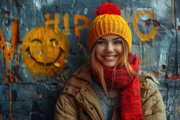 Femme souriante avec un smiley souriant en arrière plan
