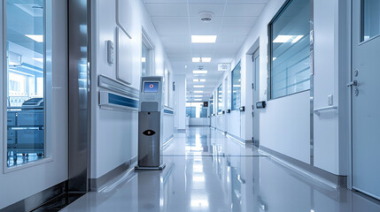 A hospital's secure area entrance showcasing a retina scanner beside clean, white doors