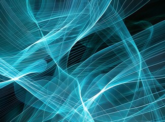 Abstract background with light blue lines on black, grass waves in the style