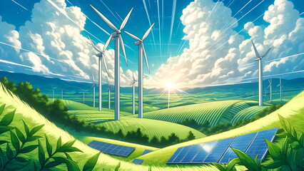 Eco-friendly city with windmill concept in a beautiful landscape background