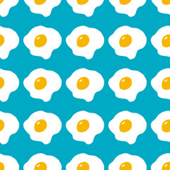 Seamless pattern with tasty fried egg on blue background. Vector image.