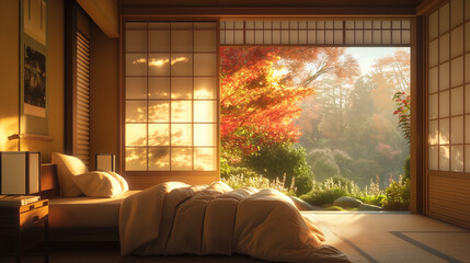 A cozy bedroom scene in a traditional Japanese house overlooking an autumnal garden with warm sunlight