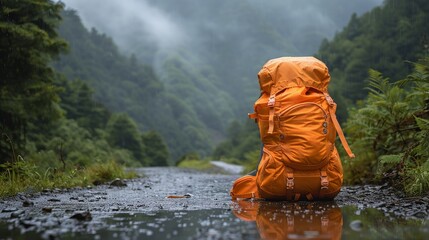 Orange backpack against the rain-drenched path, offering a pop of color and a call to explore under a shrouded mountain backdrop