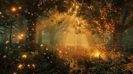 Fototapeta premium In a realm untouched by time, a picturesque forest is aglow with the soft light of a mystical bonfire.