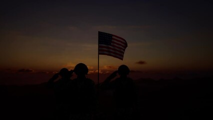 Silhouette Of A Soldier With The American Flag Stands Against The Background Of A Sunset Or Sunrise. Concept Of National Holidays. Commemoration Day