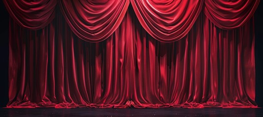 Red stage curtains with black background. Theatrical scene for presentation, show or award ceremony background. Stage with red velvet curtain and spotlight on dark backdrop.