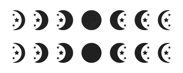 Moon phases with stars icons. Moon set with texture and without texture vector background