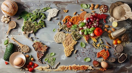 A global map made of various foods, highlighting regions most affected by climate change with visual cues on adaptation strategies