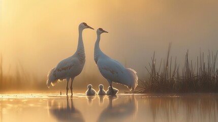 Fototapeta premium A visual story of a whooping crane family, teaching their young to navigate, set against the backdrop of a misty morning, encapsulating the beauty and challenges of their journey