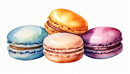 Watercolor illustration of colorful macarons. French macaroon. Sweet and tasty dessert. Hand drawn