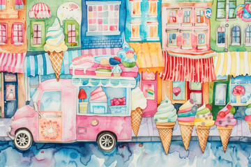 Whimsical watercolor of a sweet street with ice cream trucks and cone rooftops