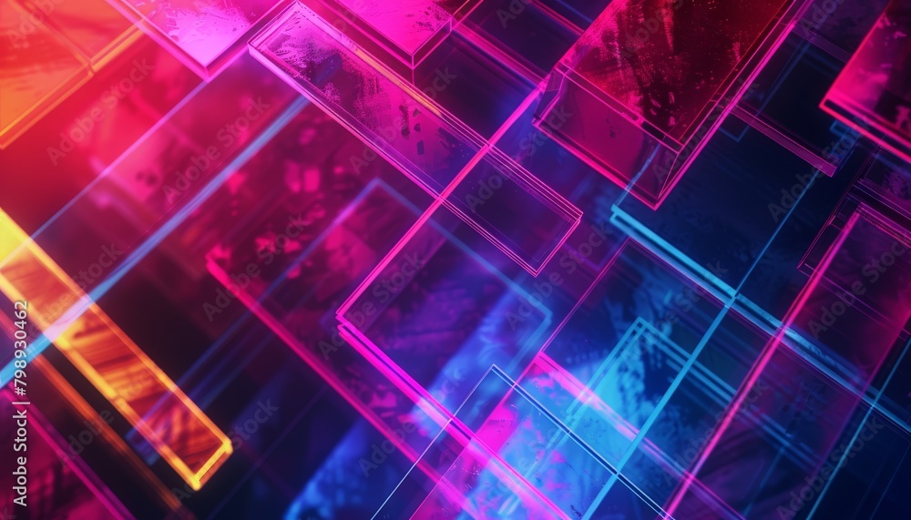 Poster a background made of overlapping brushstrokes in neon colors, with a single highlighted area reveali