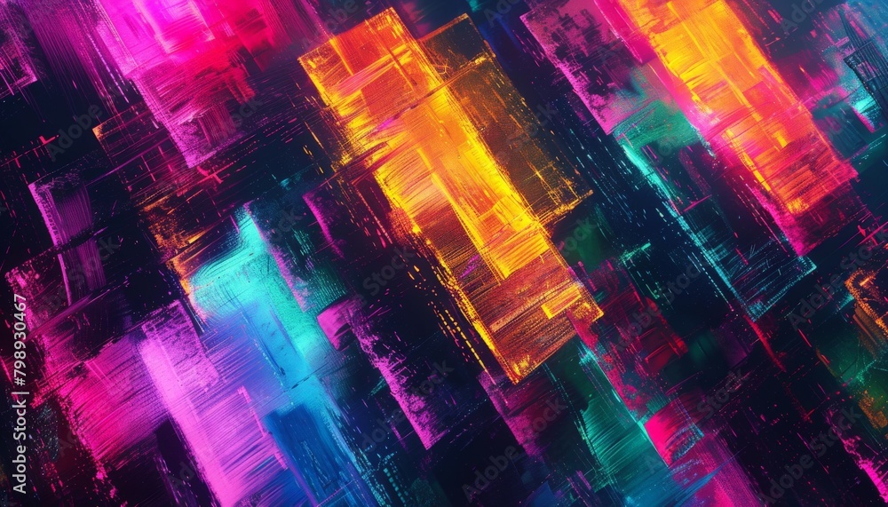 Poster a background made of overlapping brushstrokes in neon colors, with a single highlighted area reveali