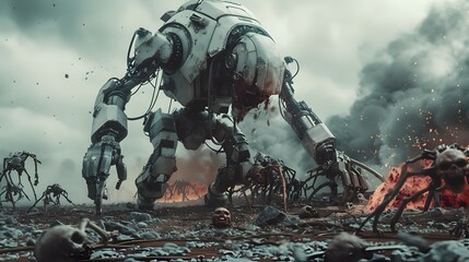 Mechanized Cyborg Exosuit Stomping Through Devastated Landscape Amid Twisted Undead Creatures