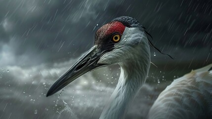 Fototapeta premium An intense closeup of a whooping crane navigating through a storm, its eyes determined, highlighting the perilous nature of their migration