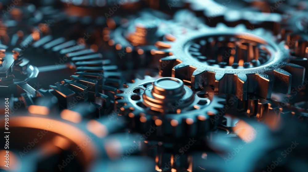 Poster a background made of overlapping gears and cogs, with a single highlighted gear showcasing a detaile