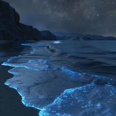 A bioluminescent bay at night, with the water glowing an ethereal blue as waves lap against the shore under a starry sky 