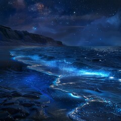 A bioluminescent bay at night, with the water glowing an ethereal blue as waves lap against the shore under a starry sky 