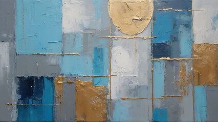 Abstract Oil Painting Palette Knife Technique, geometric shape on blue, grey, and gold colors