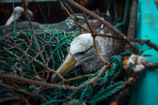 Albatrosse stuck in fishing nets and ropes