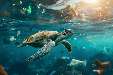 Obraz premium sea turtle swimming with plastic waste in the sea 