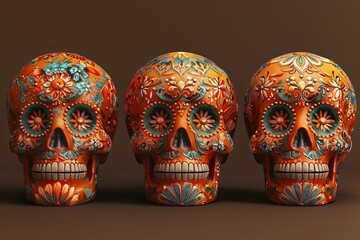 Intricate Floral Designs 3D Illustration of an Orange Sugar Skull in Day of the Dead Style