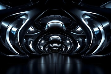 Mesmerizing Futuristic Sci-Fi Architectural Tunnel Corridor with Reflective Metallic Surfaces and Curved Geometric Patterns