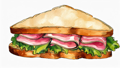 Watercolor illustration of sandwich with ham. Tasty fast food. Delicious meal. Hand drawn art