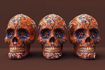 Vibrant 3D Illustration Orange Sugar Skull with Intricate Floral Designs in Day of the Dead Style