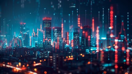 Fototapeta na wymiar An illuminated city skyline at night, symbolizing the global reach and impact of stock market fluctuations.