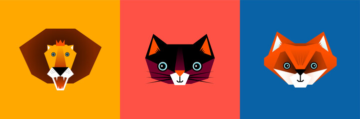 Set of vector illustrations, animals, lion, cat, fox, faces, vibrant colors, graphic design, wall art, kids room, clip art © Pia Kolle