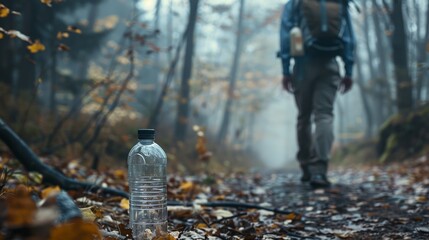 Lone hiker’s pack beside a clear water bottle on a misty trail, invoking a sense of adventure and solitude in the wilderness