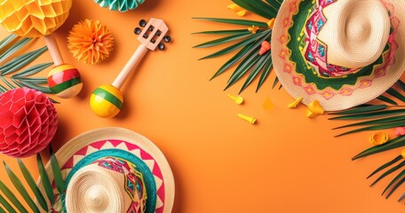 Vibrant orange background with Mexican maracas, sombrero hat and paper cutout flags for fiesta party banner template. Background mockup design element. Cinco de Mayo celebrations.