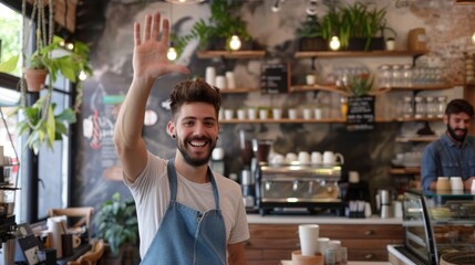 Warm greeting between friends in a cozy coffee shop, surrounded by lively chatter and coffee scents. Guy waving to a friend