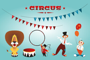 Circus Vector Illustration, Collection, Decoration, Set, Cliparts, Typography, Lion, Garland, Detailed Graphic, Children, Nursery, Vintage, Retro